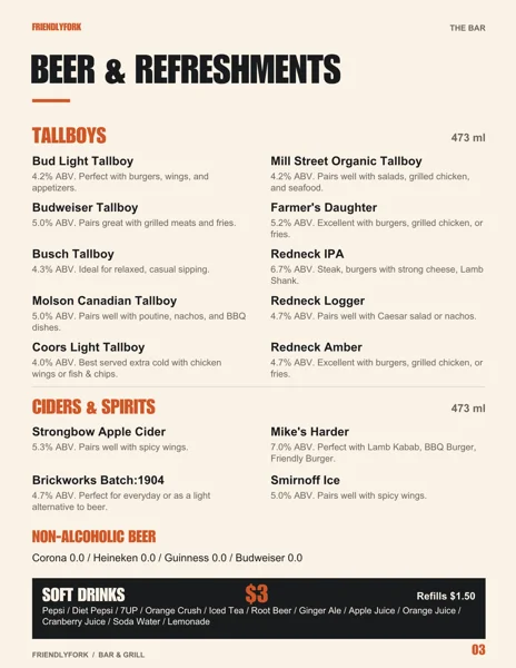 New Friendly Fork menu: Beer & refreshments