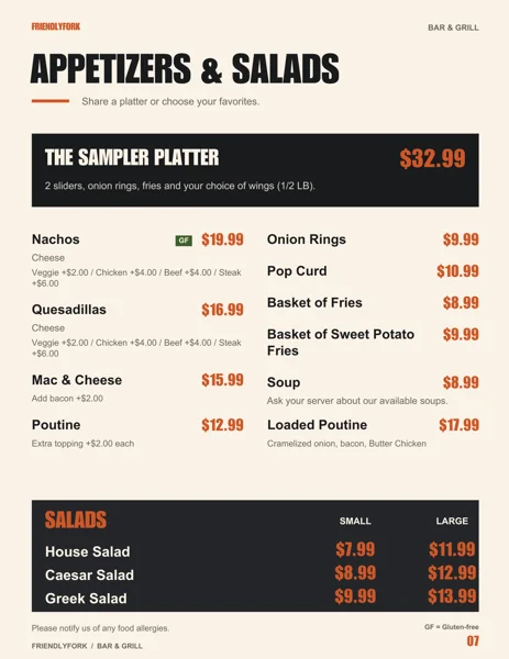 New Friendly Fork menu: Appetizers & salads
