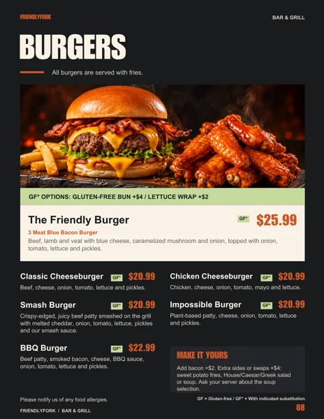 New Friendly Fork menu: Burgers