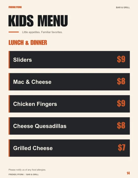New Friendly Fork menu: Kids menu